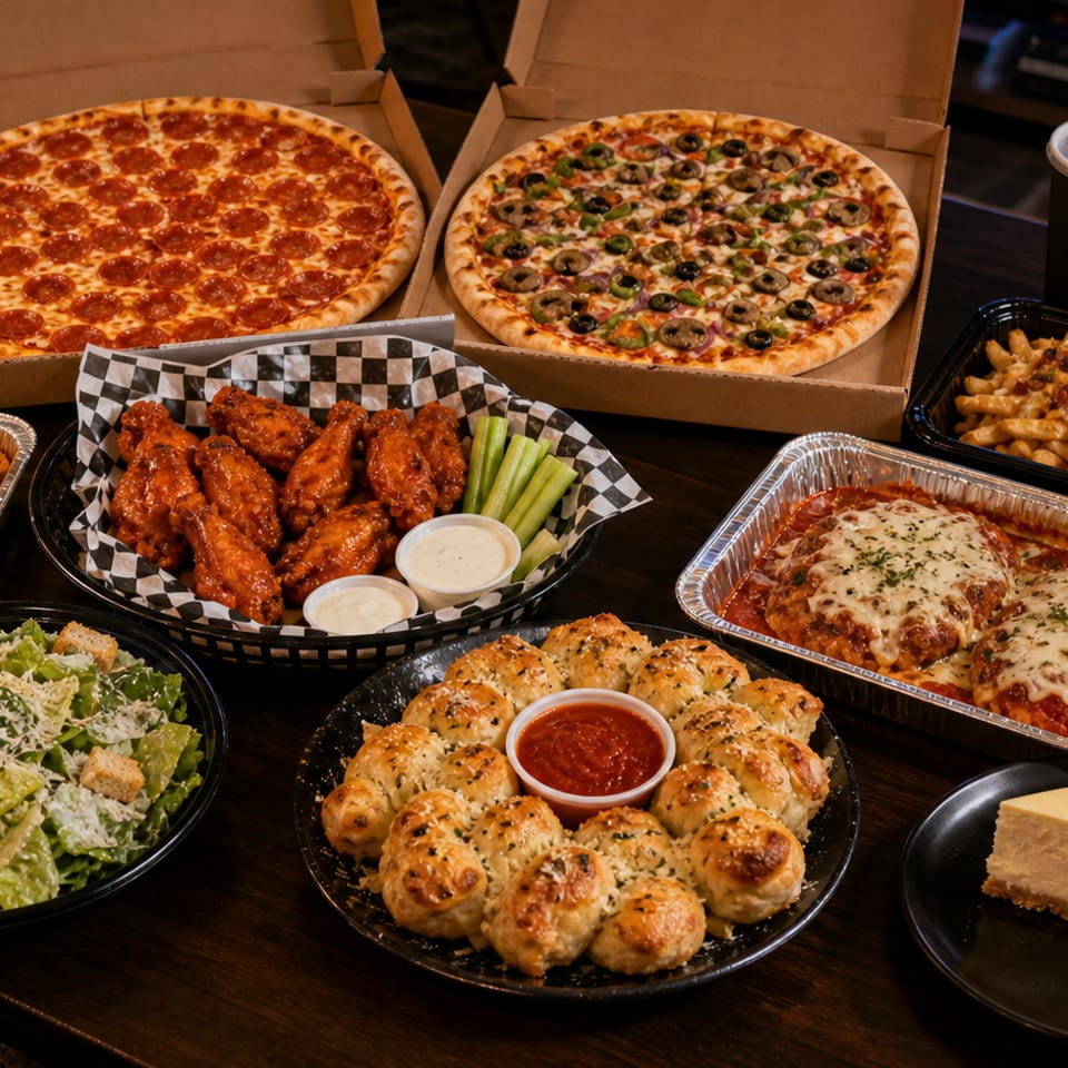 A feast of two pizzas, wings, lasagna, salad, garlic knots, loaded fries, and cheesecake on a table.