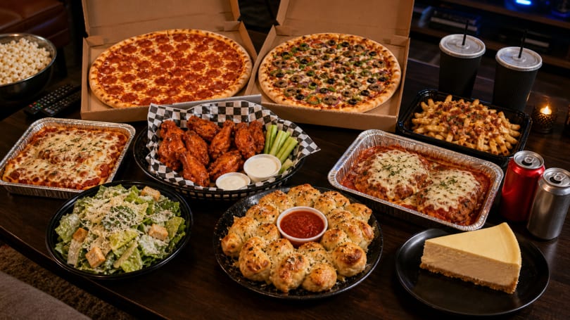 A feast of two pizzas, wings, lasagna, salad, garlic knots, loaded fries, and cheesecake on a table.