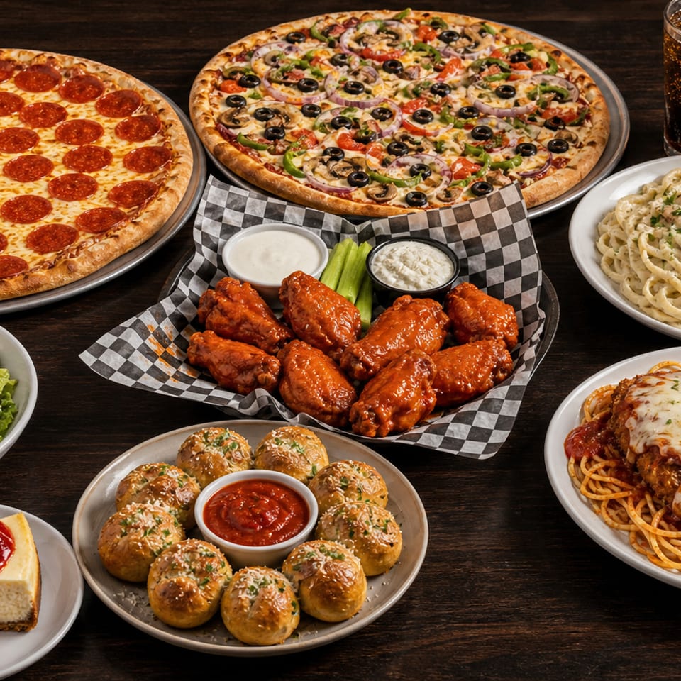A feast of two pizzas, wings, pasta dishes, salad, garlic knots, cheesecake, and sodas.