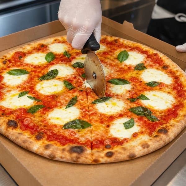 Gloved hands cutting a freshly baked Margherita pizza with a pizza cutter in a cardboard box.