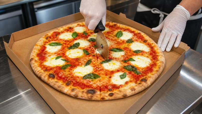 Gloved hands cutting a freshly baked Margherita pizza with a pizza cutter in a cardboard box.