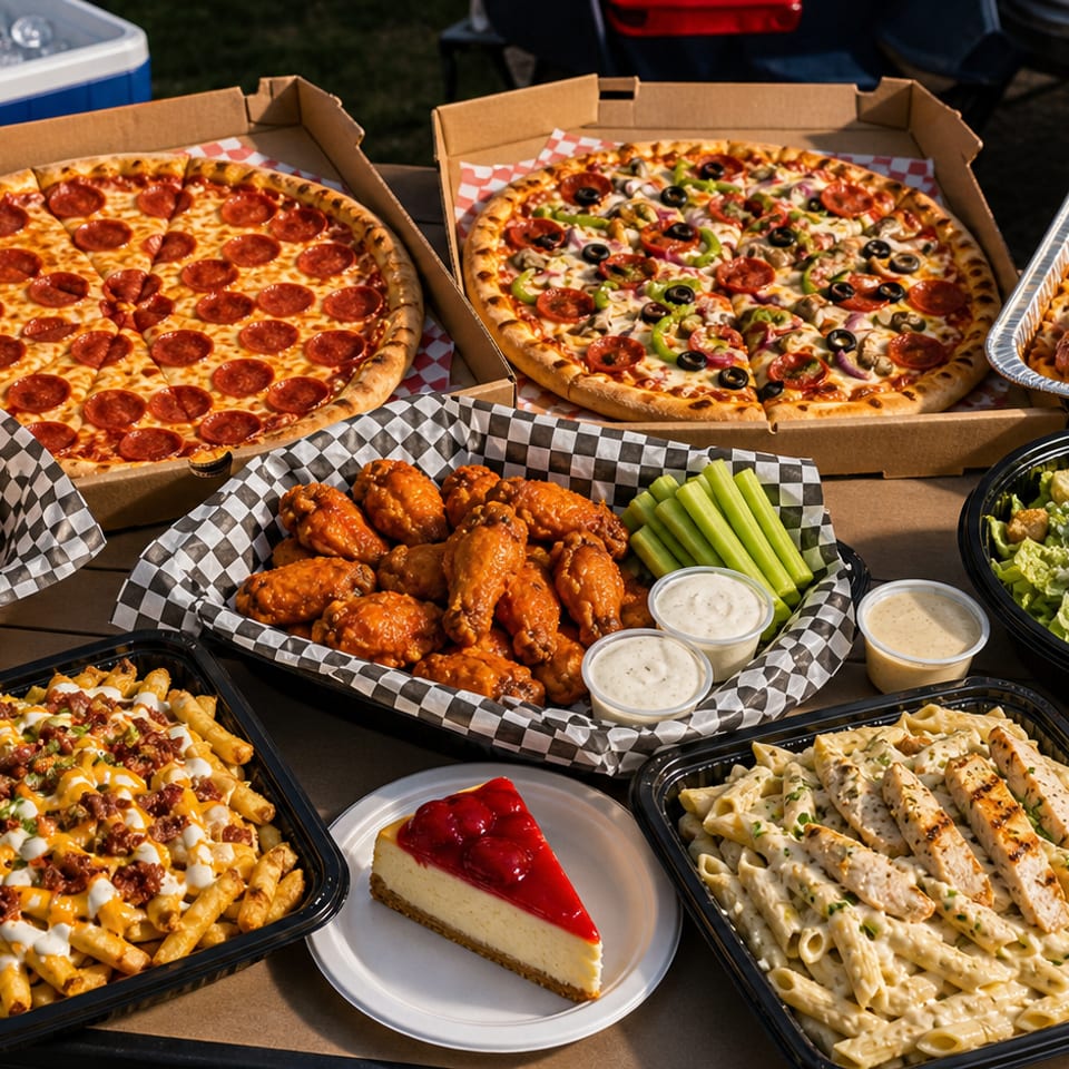 A picnic table laden with pizzas, wings, pasta, fries, salad, garlic knots, cheesecake, and drinks.