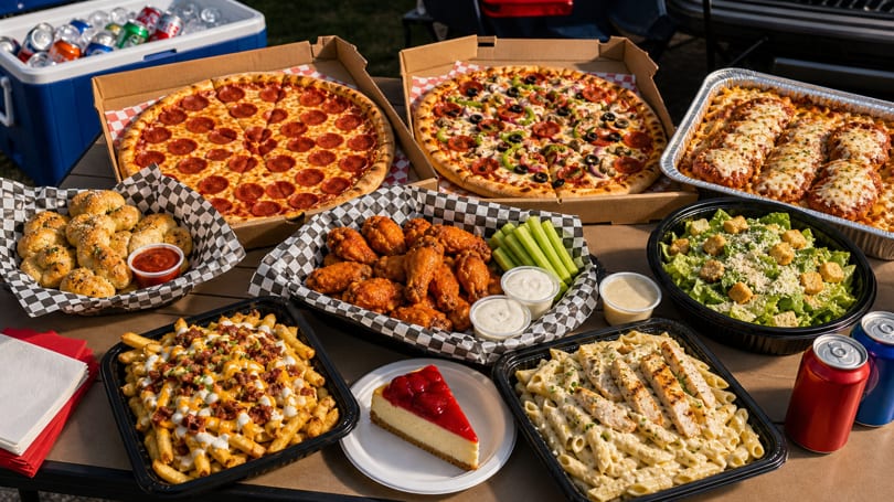 A picnic table laden with pizzas, wings, pasta, fries, salad, garlic knots, cheesecake, and drinks.