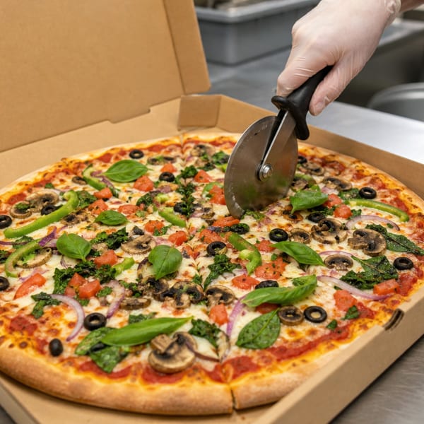 A gloved hand uses a pizza cutter to slice a fresh vegetable pizza in a cardboard box.