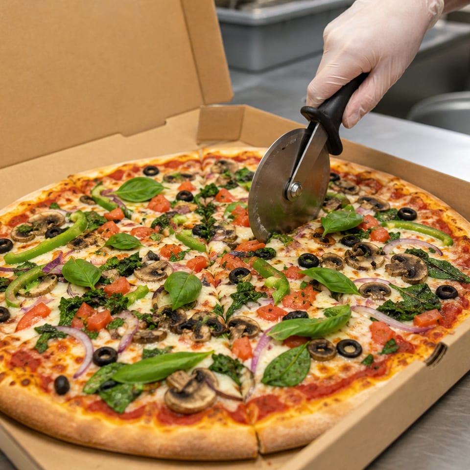 A gloved hand uses a pizza cutter to slice a fresh vegetable pizza in a cardboard box.