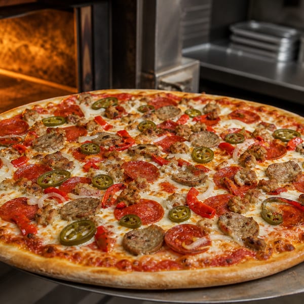 A freshly baked pizza with pepperoni, sausage, onions, and jalapeños on a pizza peel near a hot oven.
