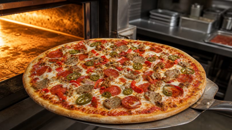 A freshly baked pizza with pepperoni, sausage, onions, and jalapeños on a pizza peel near a hot oven.