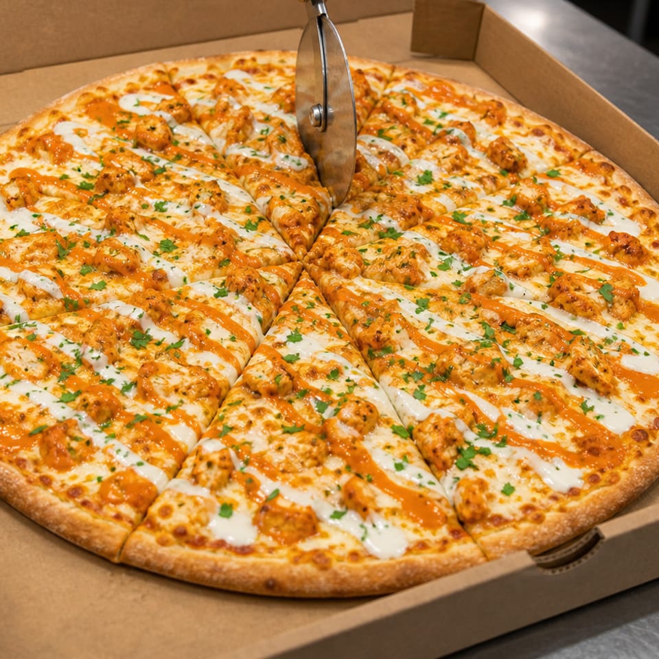 A pizza cutter slicing into a buffalo chicken pizza with ranch drizzle and parsley in a box.