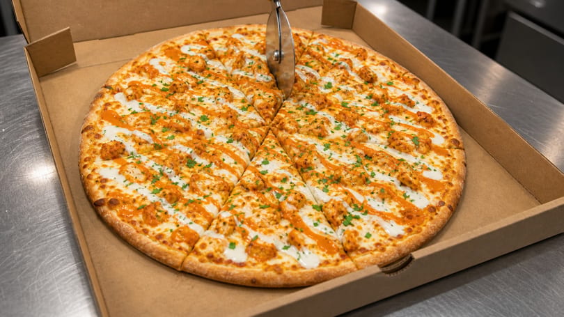 A pizza cutter slicing into a buffalo chicken pizza with ranch drizzle and parsley in a box.