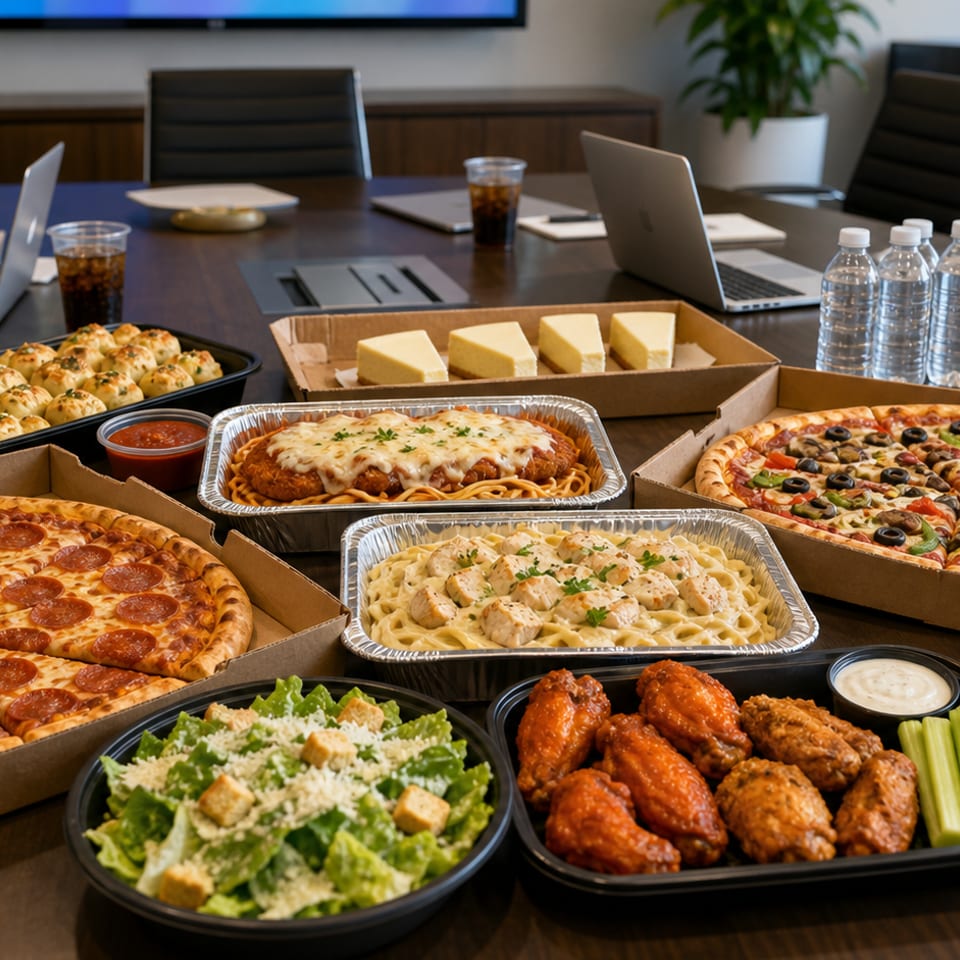A conference table laden with pizzas, pasta, wings, salad, garlic knots, cheesecake, and drinks.