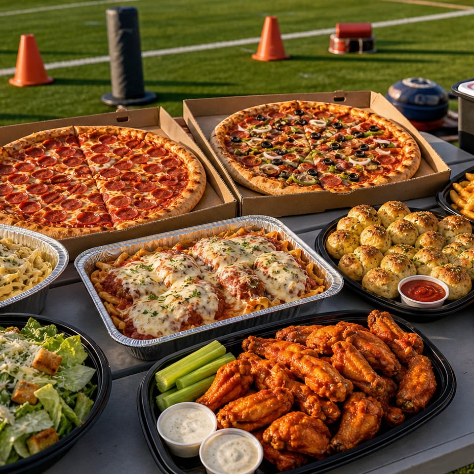 A feast of pizzas, pastas, wings, salad, and desserts on a table with a football field background.