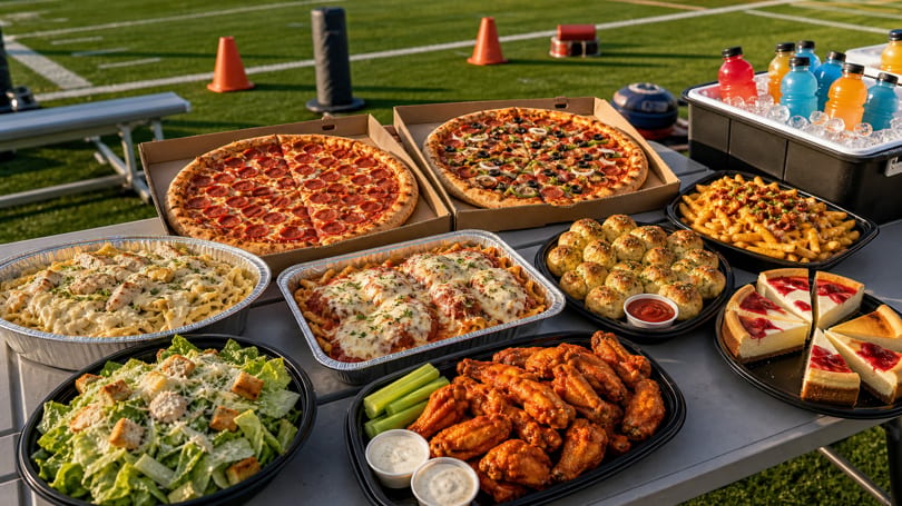 A feast of pizzas, pastas, wings, salad, and desserts on a table with a football field background.