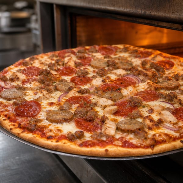 A freshly baked meat lover's pizza with pepperoni, sausage, and chicken being removed from a hot oven.