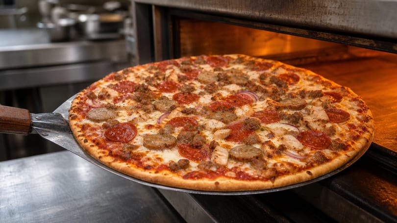 A freshly baked meat lover's pizza with pepperoni, sausage, and chicken being removed from a hot oven.