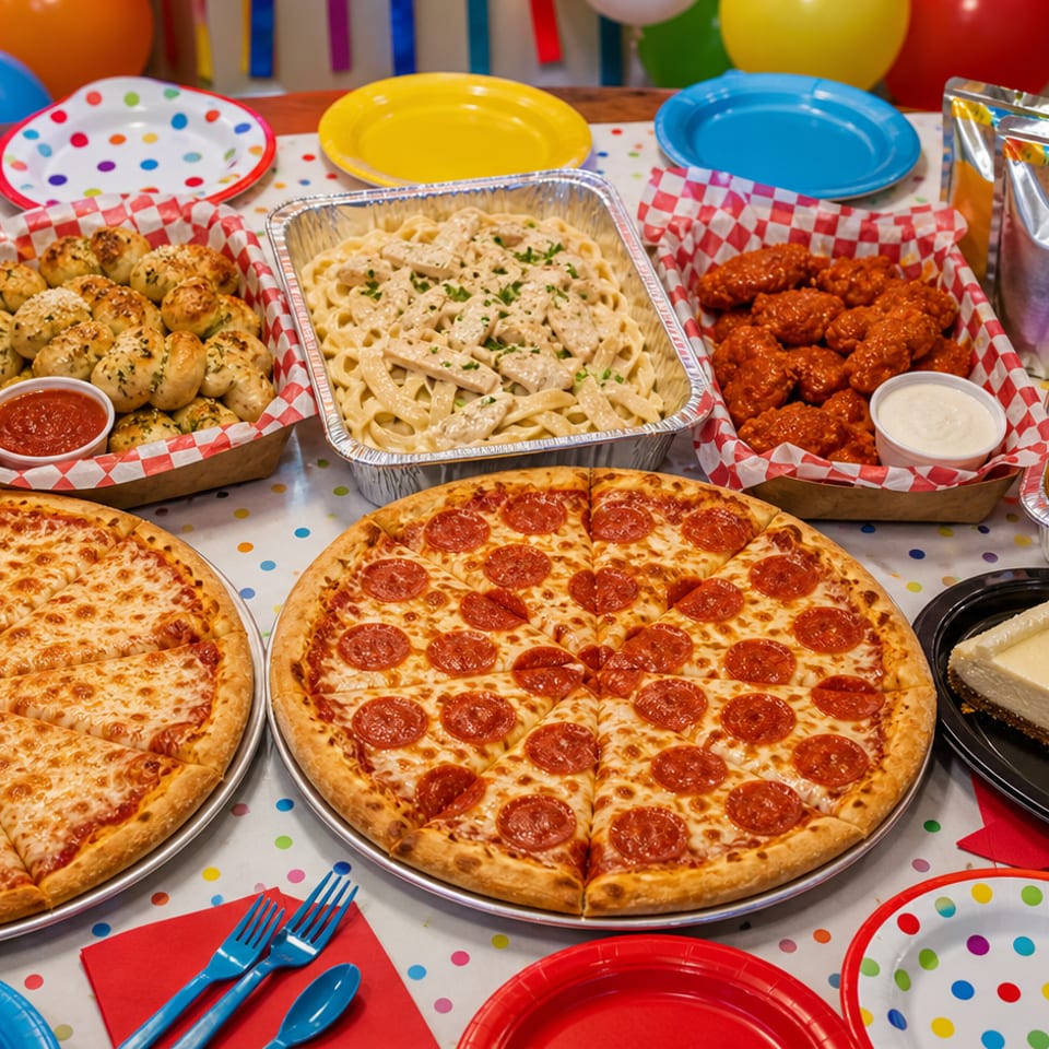 A party table laden with two pizzas, pasta, wings, fries, garlic knots, salad, cheesecake, and cupcakes.