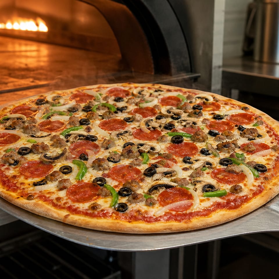 A freshly baked supreme pizza on a peel, ready to be removed from a fiery pizza oven.