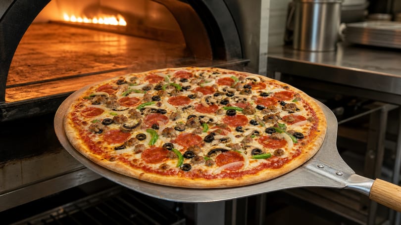 A freshly baked supreme pizza on a peel, ready to be removed from a fiery pizza oven.