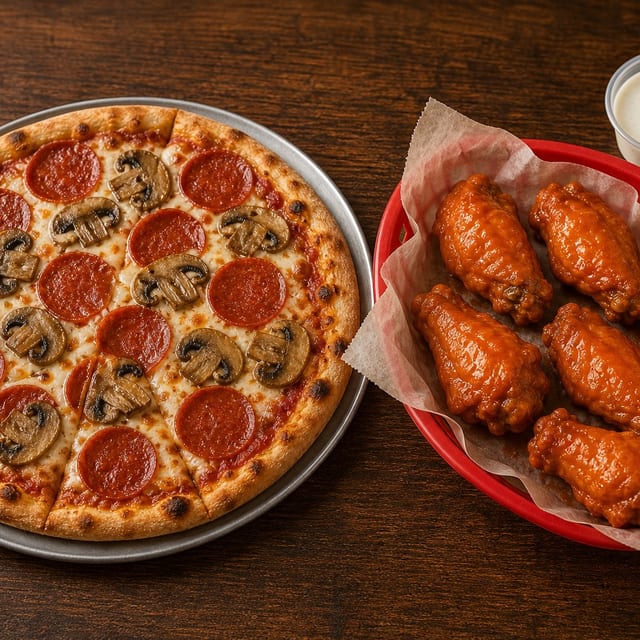 Small Specialty Pizza and Wings.